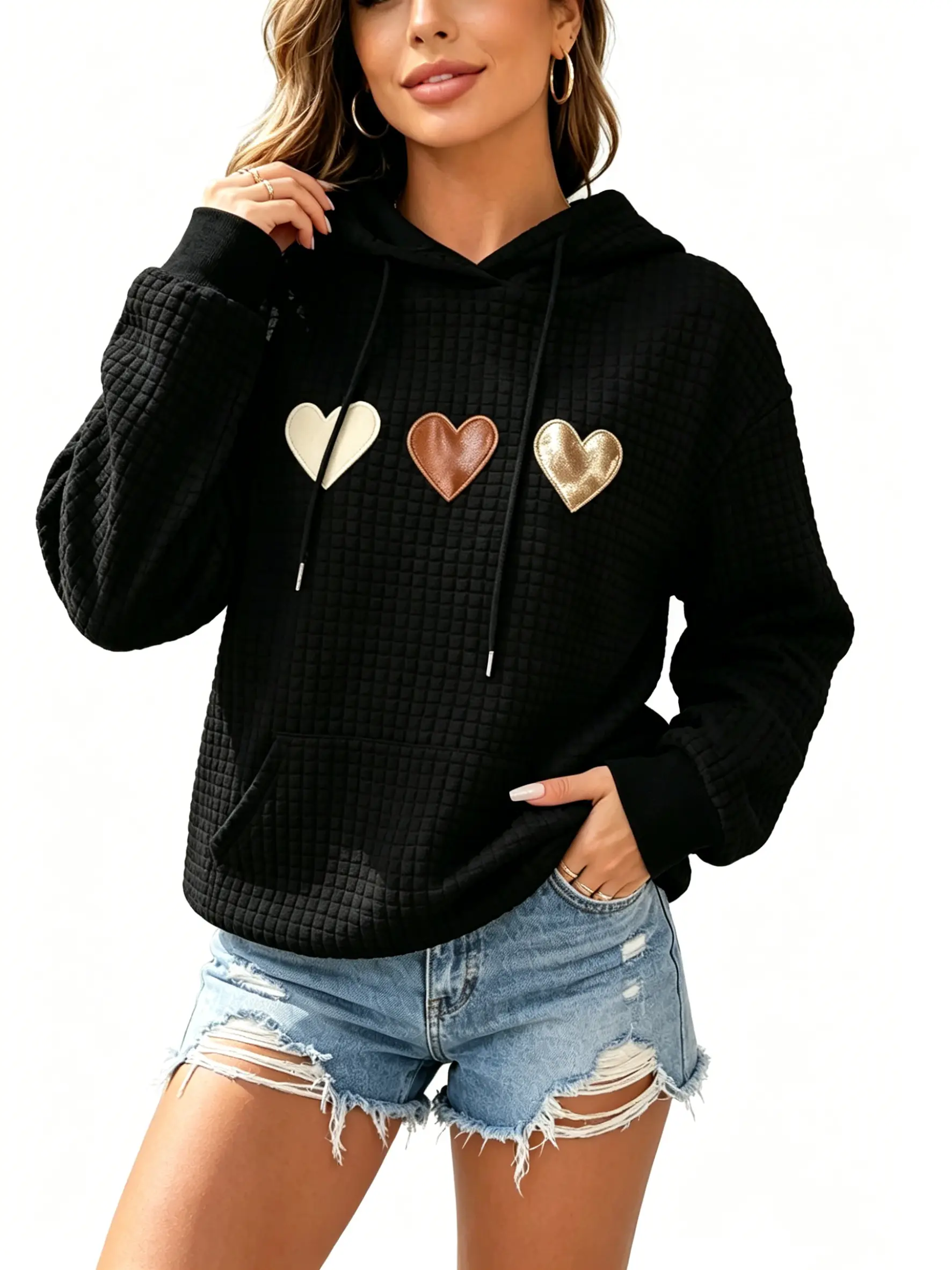Women's clothing Heart & Patchwork Print Pullover, Casual Wear with Drawstring Hood & Relaxed Fit, Machine Washable, Waffle Fabric Women's Fashion Hoodie,Sweatshirt for Women,Summer Outfits for Women