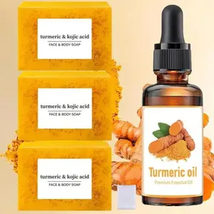 Turmeric Skincare Set, 3 Turmeric Curcumin Soaps & 1 Essential Oil, Moisturizing Deep Cleansing Kit, Natural Skin Care Products with Hyaluronic Acid, Moisture
