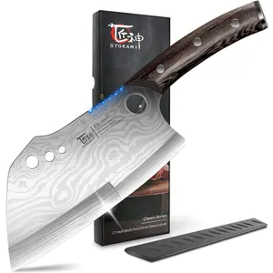 #Summervibes SYOKAMI Meat Cleaver Chef Knife with Sheath, 7.7 Inch Multifunction Butcher Knife with Herb Stripper, Chopping Knife Heavy Duty Bone Cutting, Damascus Pattern Full Tang Wood Handle, Christmas, Mother's Day Gifts