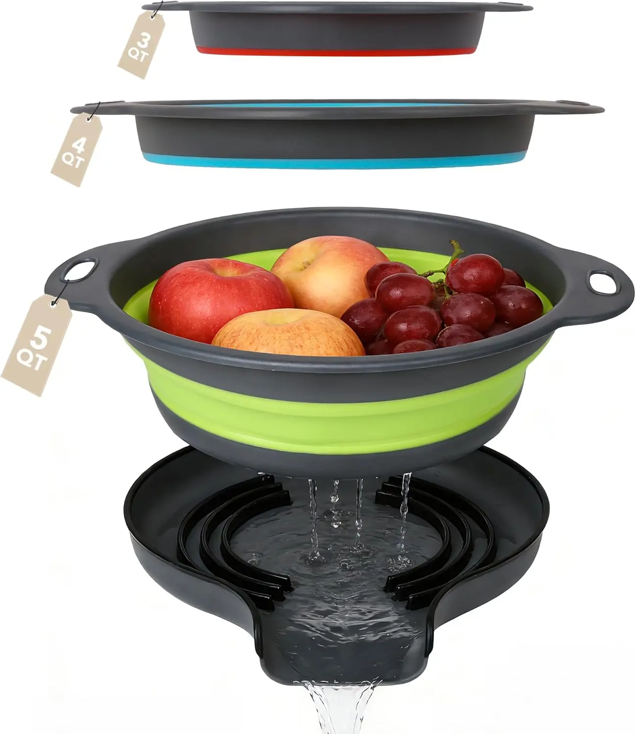 Collapsible Colander Set of 3 with Kitchen Counter Self-draining Base, Round Silicone Food Foldable Strainer for Cooking Pasta, Vegetables and Fruit (3QT, 4QT and 5QT)