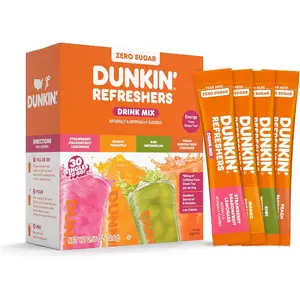 Dunkin’ Refreshers Singles To Go! Zero Sugar Powdered Drink Mix, 30 Ct Variety Pack, Energy from Green Tea, Aspartame-Free, No Synthetic Colors, 30 Single-Serve Packets, Just Add Water