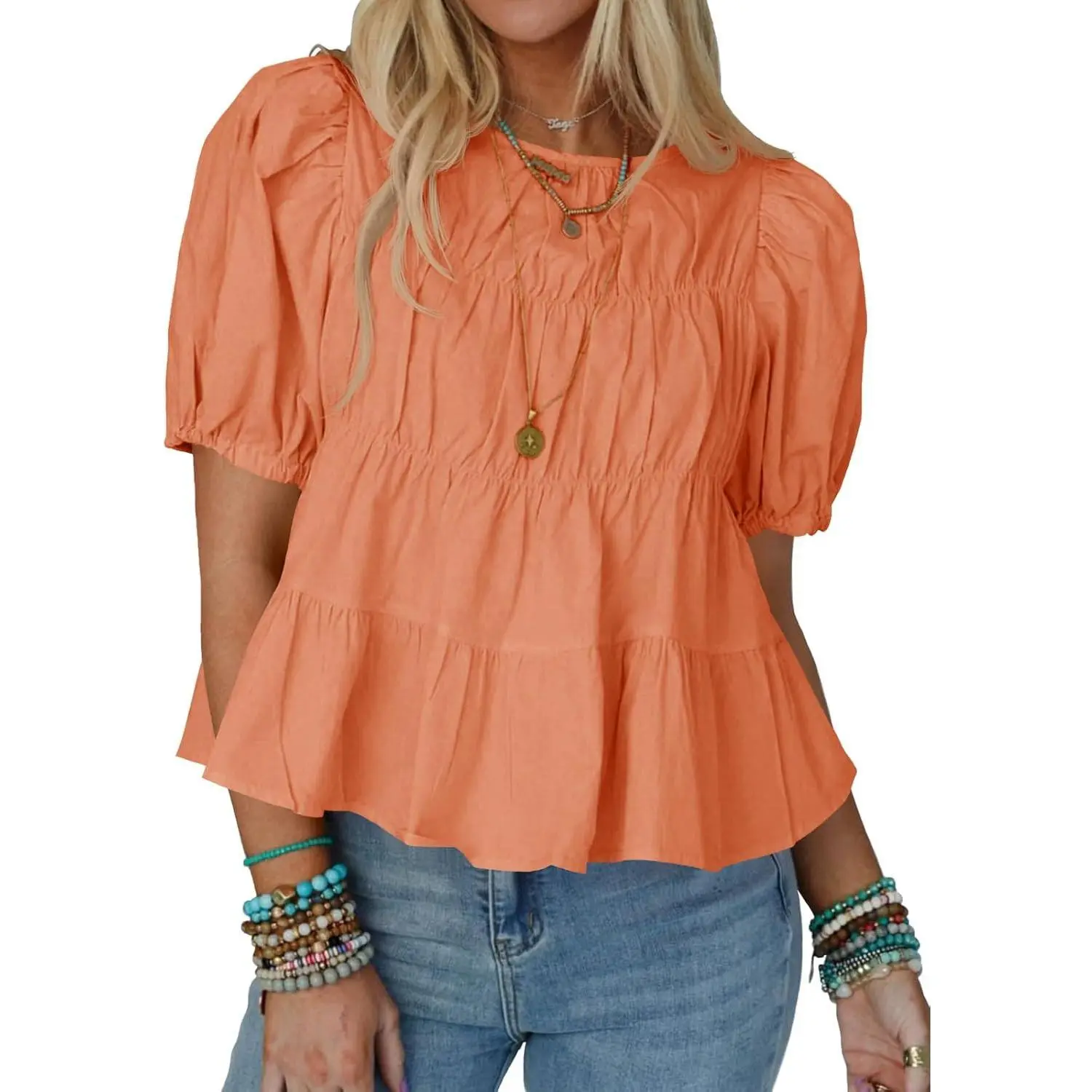 Imily Bela Womens Puff Sleeve Peplum Babydoll Tops Summer Smoked Pleated Cotton T-Shirts Casual Loose Fit Flowy Blouse