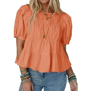 Imily Bela Womens Puff Sleeve Peplum Babydoll Tops Summer Smoked Pleated Cotton T-Shirts Casual Loose Fit Flowy Blouse