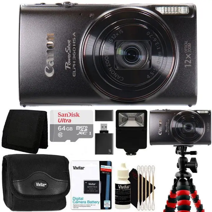 Canon PowerShot ELPH 360 HS A Digital Camera (Black) + SanDisk Ultra 64GB microSDXC Memory Card + Compact Protective Carrying Case + Large Rubberized Spider Tripod + flash + Card Reader + Card Wallet + LI-ON BATTERY FOR CANON NB-11LH + Cleaning Kit Adjust