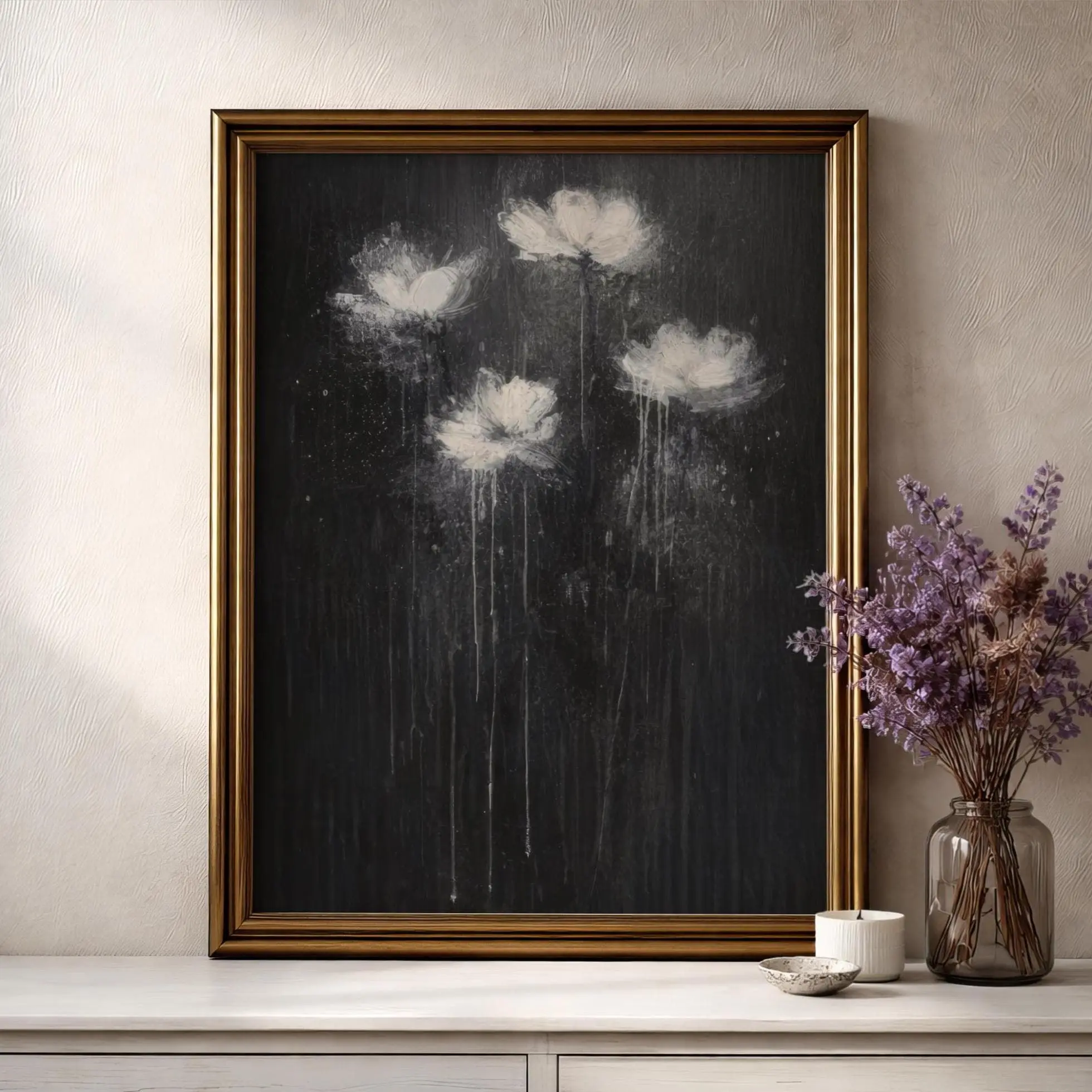 [SALE UP TO 40%] [Unframed] Gothic Botanical Oil Painting, White Lily Art Print, Dark Cottagecore Printable, Abstract Moody Floral Victorian Decor,