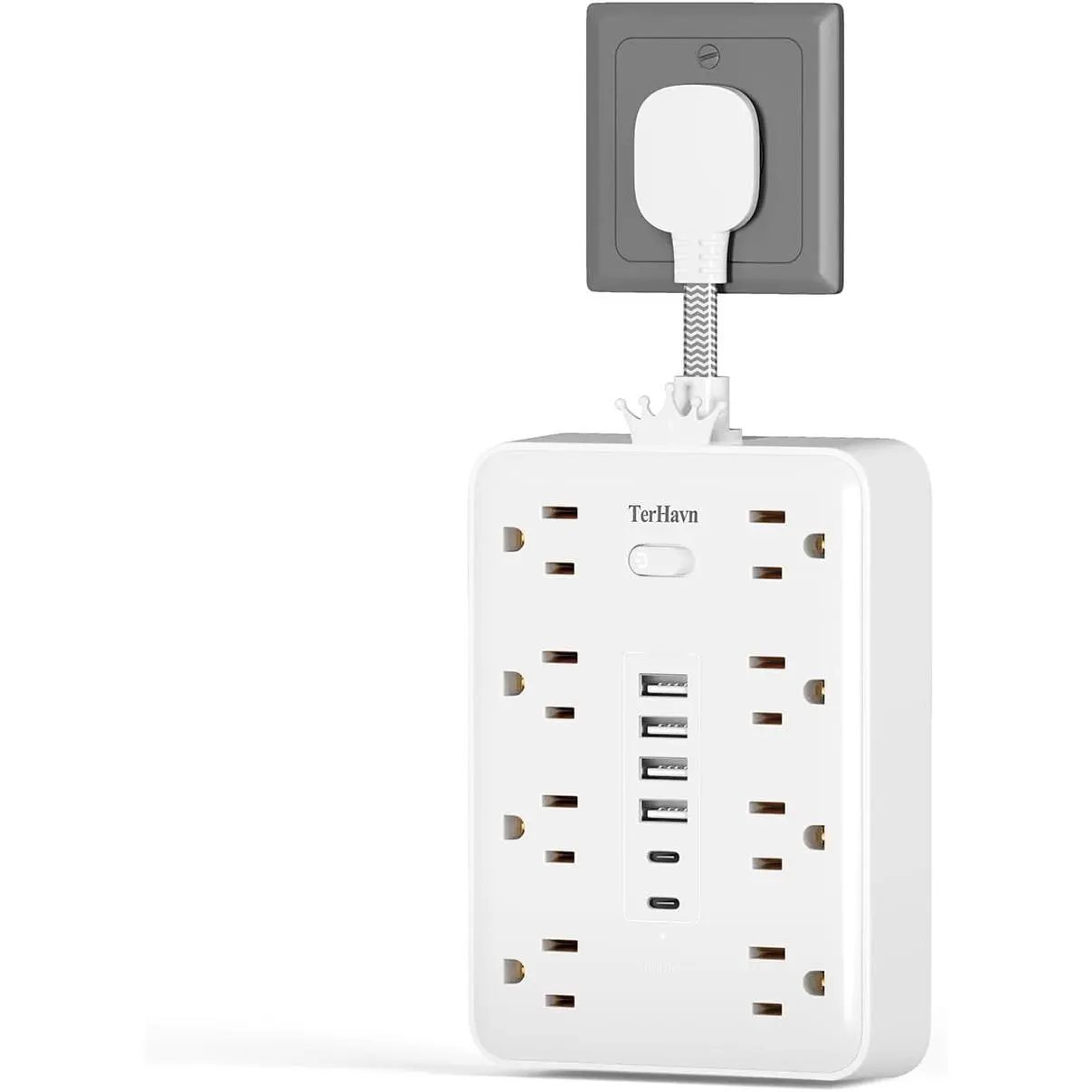 Short Extension Cord - Space Saving Design, 14-in-1 Small Power Strip with 8 Outlets & 6 USB (2 USB-C), 900J Surge Protector for Bathroom, Nightstand, Kitchen &  Office, White