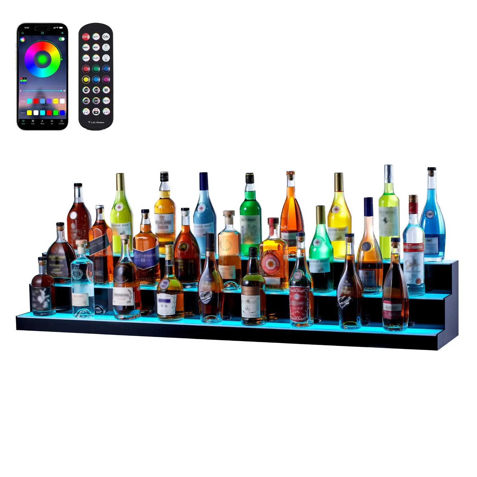 【Summerfinds】VEVOR LED Lighted Liquor Bottle Display Shelf, 3-Tier 60in Commercial Acrylic Whiskey Rack, RF Remote & App Control Multicolor LED Lighting, Bar & Wine Utensils for Indoor/Outdoor Party Use, Translucent
