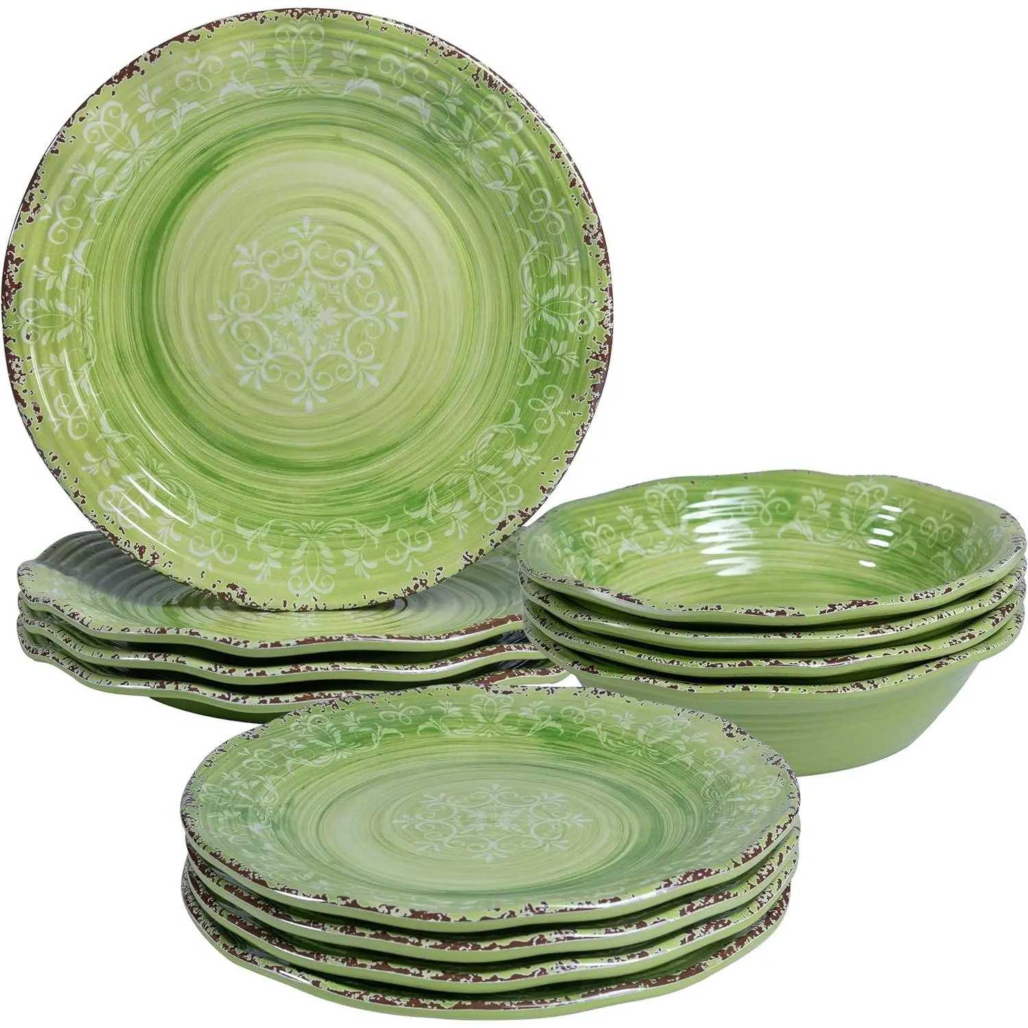 12-Piece Shatter-Resistant Melamine Dinnerware Set - Luxury Thick Farmhouse Rustic Swirl Plates & Bowls, Service for 4, Green Casual Modern Tableware Set for Outdoor, Camping Use, Dinnerware Sets, Casual Dinner Sets