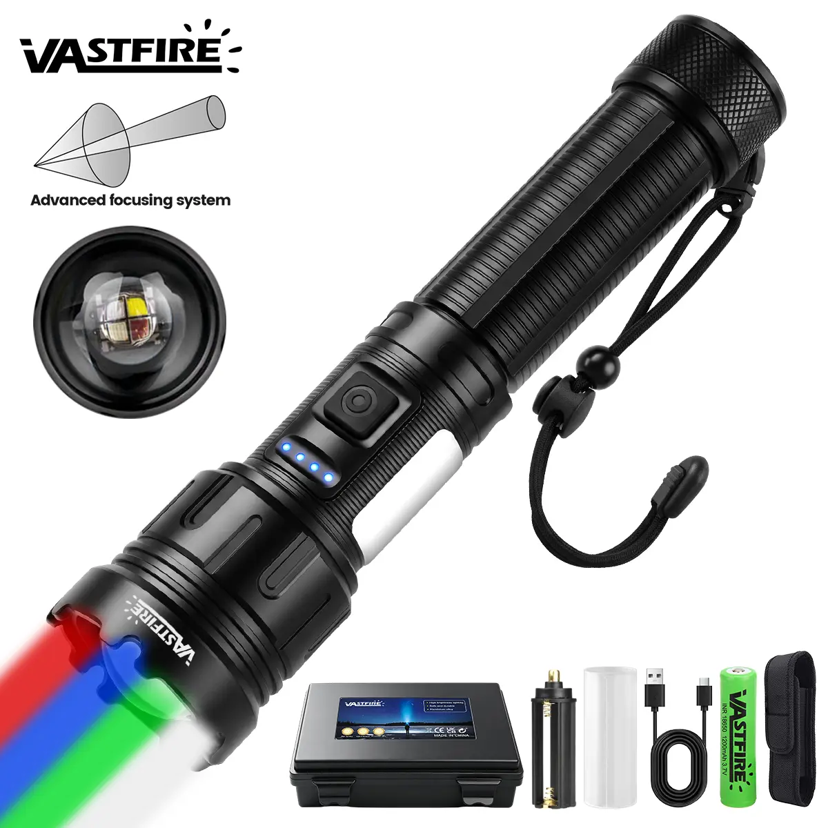 VASTFIRE 4-in-1 High Power Torch Flashlight Gift Set, 1200 Lumens Tactical Accessory, USB-C Charging, 18650 Lithium Ion Battery, Phone Charger, 4-Color Switch (Green Beam), USB Cable Included, Outdoor Gadget for Camping, Hiking, Search
