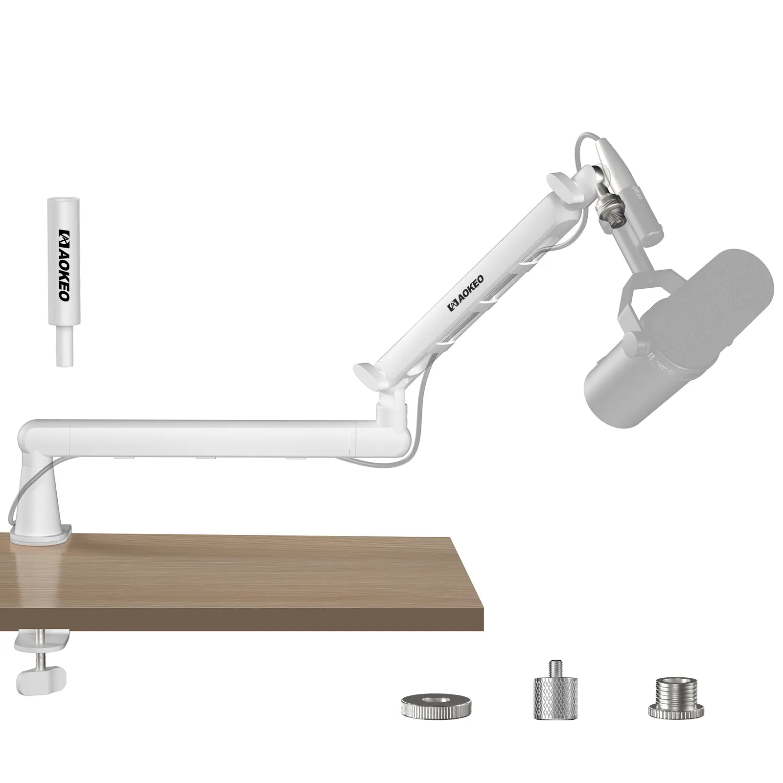 Aokeo AK-55 White Aluminum Alloy Low Profile Adjustable Durable Mic Boom Arm Stand - Includes Cable Management, 3/8"-to-5/8", 3/8" To 1/4"" Adapters, 2kg Load Capacity, Stable Mic Position - PC Gaming Studio Desk Accessory for Blue Yeti, Snowball iCE