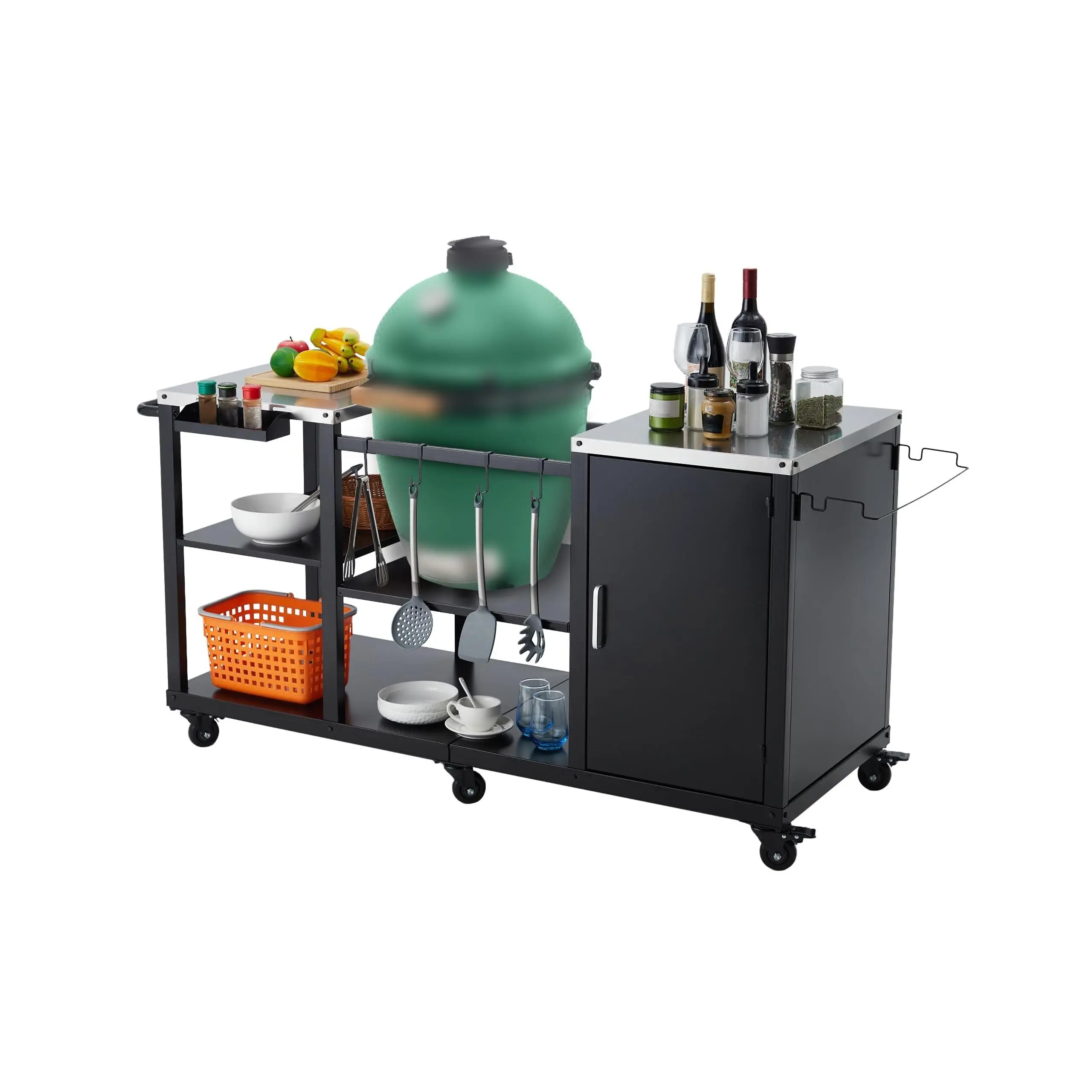 Grill Table for Big Green Egg Style BBQ - Heavy Duty Metal Outdoor Grill Station Prep Table with Storage, Metal Grill Cart with Stainless Steel Top, Storage Cabinet, Outdoor Kitchen Island, 6 Casters