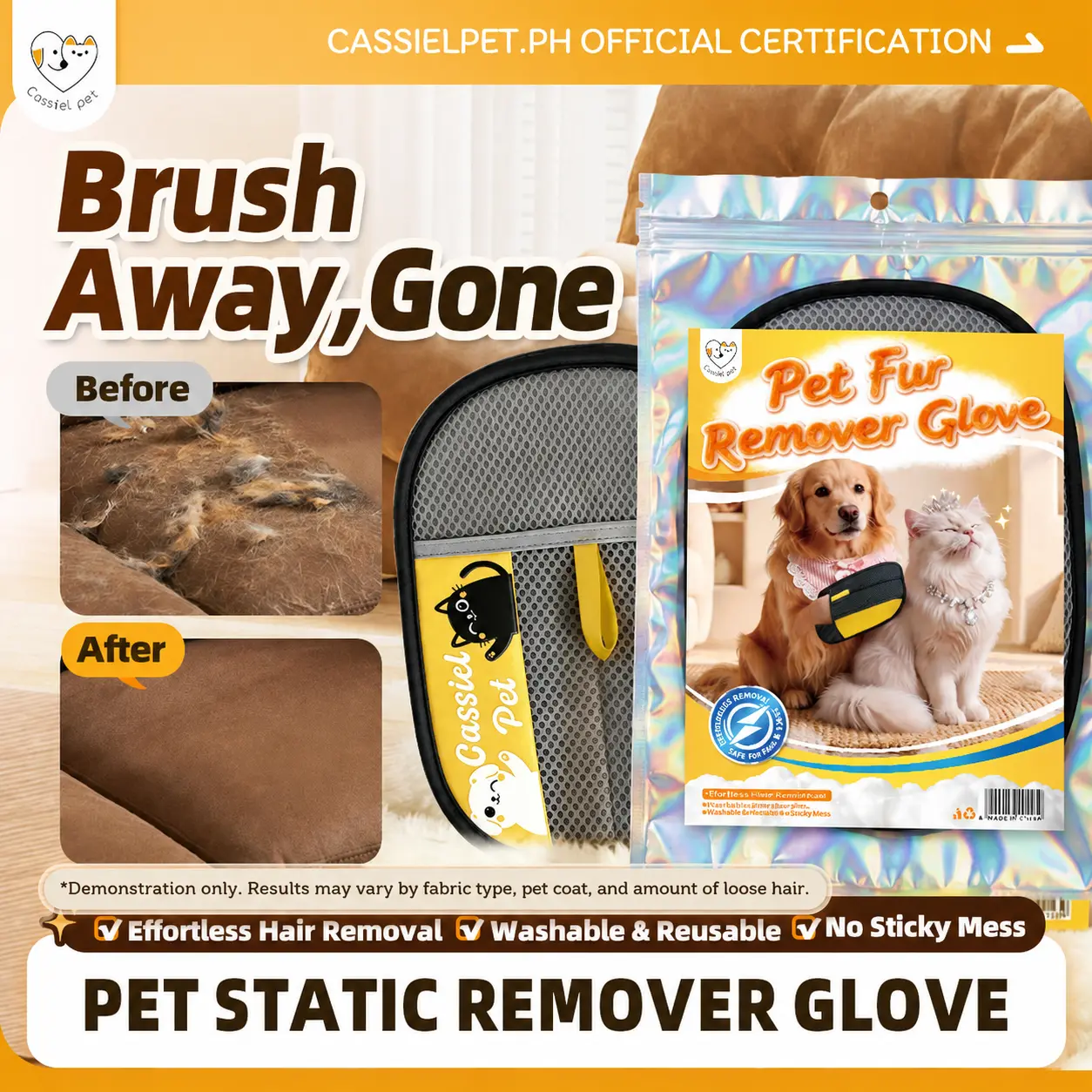 Cassiel-Pet Pet Hair Removal Gloves, Cat&Dog Grooming Gloves, Pet Hair Remover Tool, Electrostatic Hair Cleaner, Reusable Glove for Couch, Furniture, Carpet, Car Seat