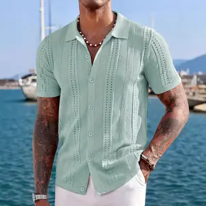 Men's Knit Short Sleeve Button Down Shirt Vintage Polo Shirt Casual Summer Beach Shirts