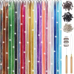 22 Colors Hair Tinsel Kit, 7800 Strands 48 Inch Glitter Tinsel Hair Extensions with Tools, Heat Resistant Sparkling Fairy Hair Accessories for Girls, , Women Christmas  Party