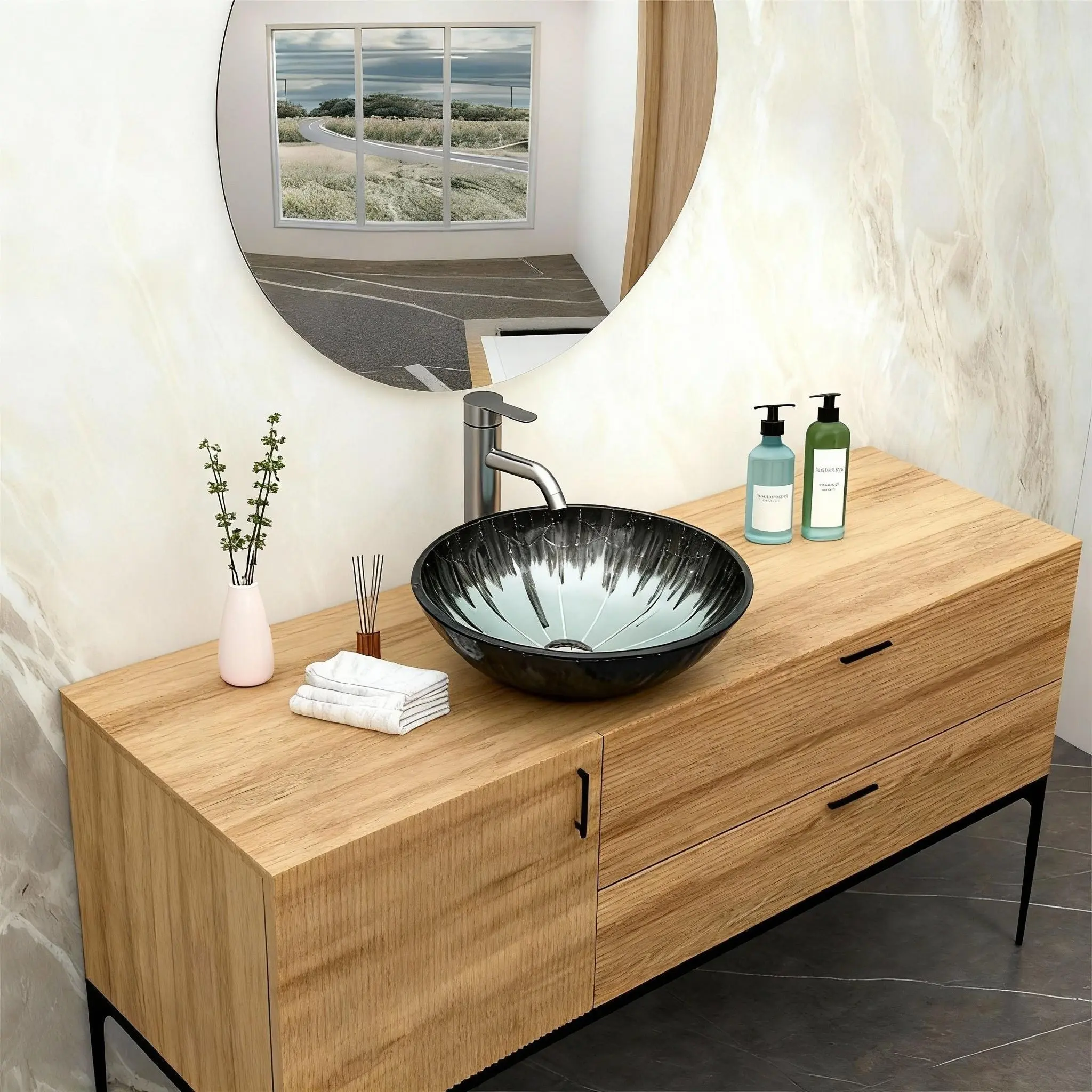 Artistic Gray Crackle Tempered Glass Oval Vessel Bathroom Sink with Pop-Up Drain, Modern Above-Counter Basin for Vanity, No Faucet Included, Single Bowl, Easy to Clean, Contemporary Design, Bathroom Furniture for Vanity Area, Storage, Remodel