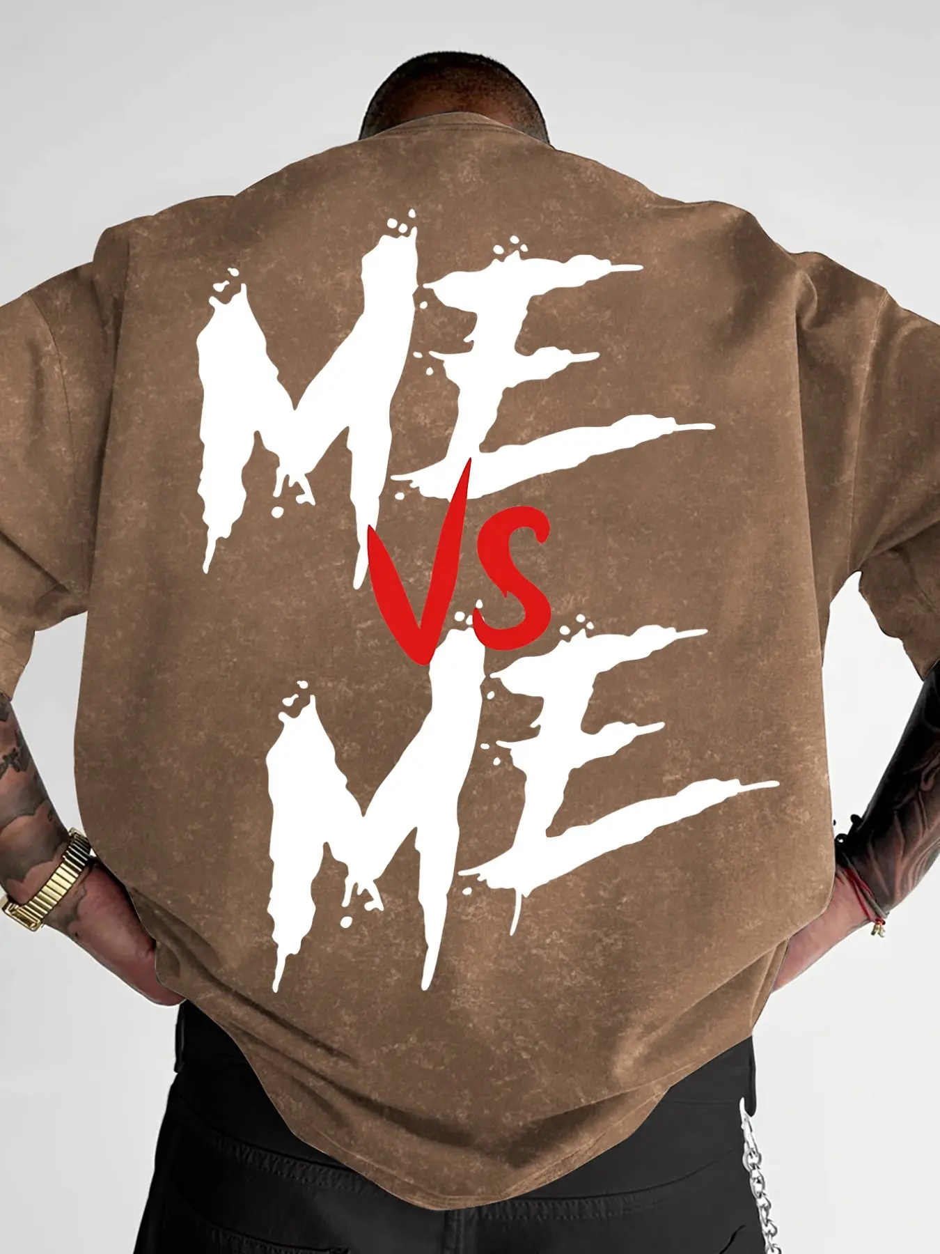 Men's "Me Vs Me" Motivational Graphic T-Shirt, Menswear Washed Vintage Fashion Streetwear Tee, Oversized Text Print Casual Top Artwork Tee Casual Street Style #MeVsMeTee #WashedVintageTee #MotivationalStreetwear #OversizedGraphicTee #TikTokMadeMeBuyIt
