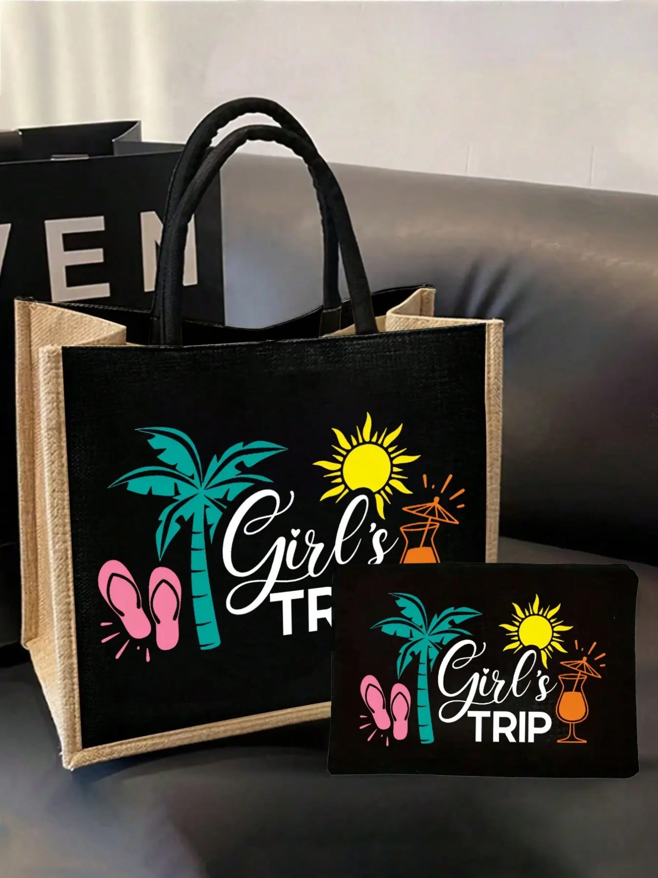 Women's Tropical Canvas Tote Bag Set with Makeup Pouch, Summer Beach Theme, Stylish Tote Bag, Palm Tree Sun Sandal Print, Reusable for Vacation Beach