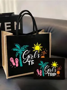 Women's Tropical Canvas Tote Bag Set with Makeup Pouch, Summer Beach Theme, Stylish Tote Bag, Palm Tree Sun Sandal Print, Reusable for Vacation Beach