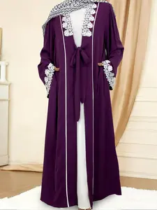 Women's Floral Embroidery Long Sleeve Lounge Dress, Modest Comfortable Open Front Kimono Robe, Ladies Sleepwear for All Seasons, Modesty Muslim Clothing