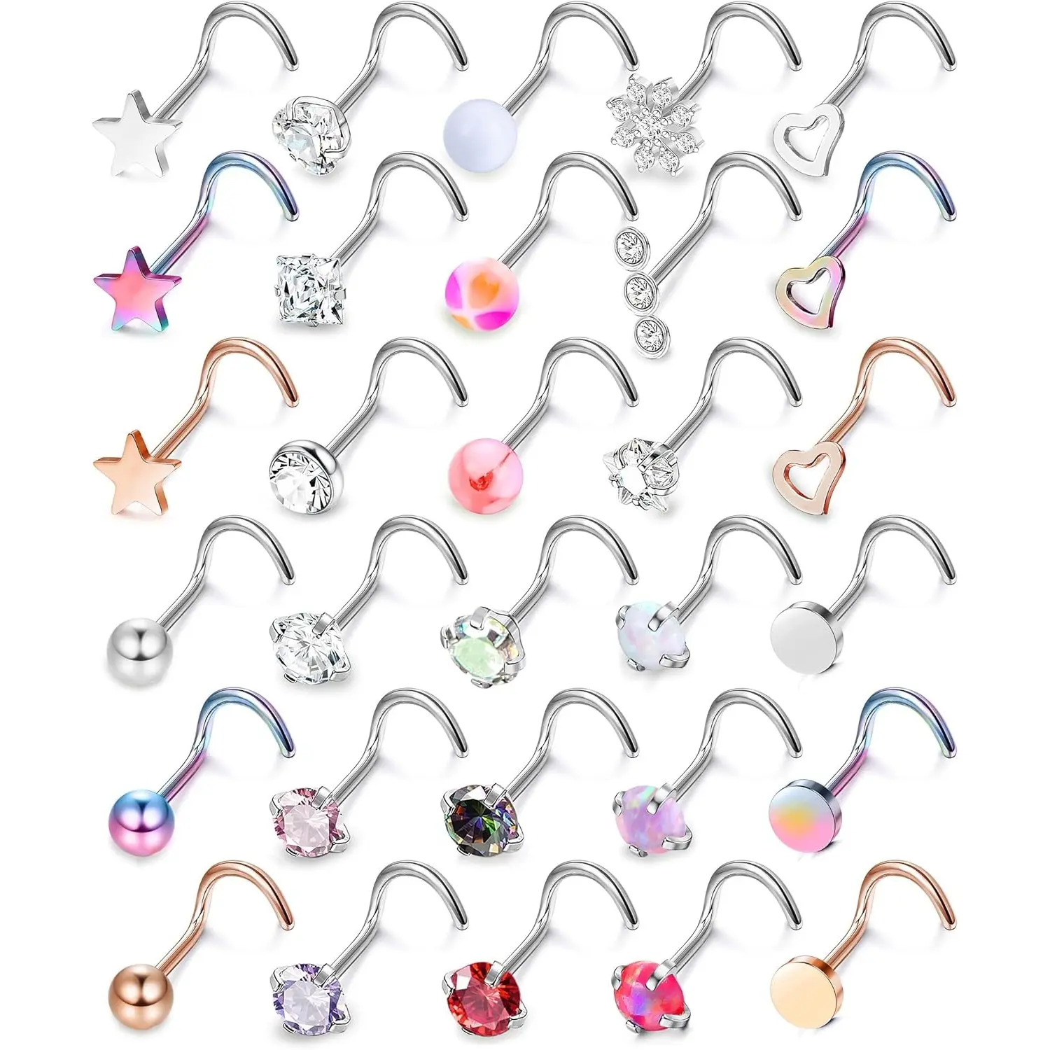 Milacolato Unisex 30-Count Nose Piercing Jewelry - 18G/20G 316L Stainless Steel Hypoallergenic Nose Rings Studs with Cubic Zirconia, Geometric Designs, Straight/L-Shaped/Corkscrew Styles, Bling Effect, Affordable Fashion, Cute Piercing Jewelry, Artificial