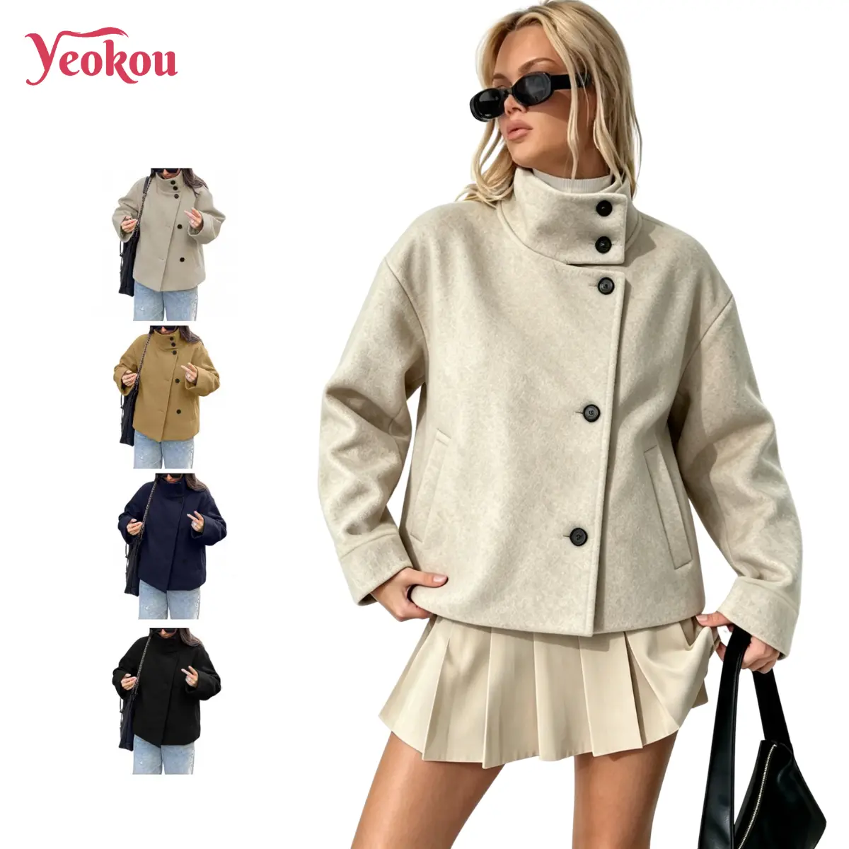 Yeokou Women Crop Pea Coat Wool Blend Autumn And Winter Loose Casual Short Jacket Outwear