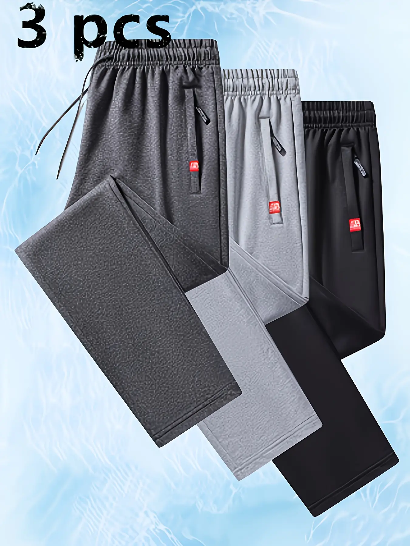 Men’s casual jogger pants, 3 pack — elastic waistband, drawstring and zippered pockets — comfortable polyester blend fabric, stretchy joggers, lightweight for summer, suitable for spring and autumn outings and casual wear Menswear