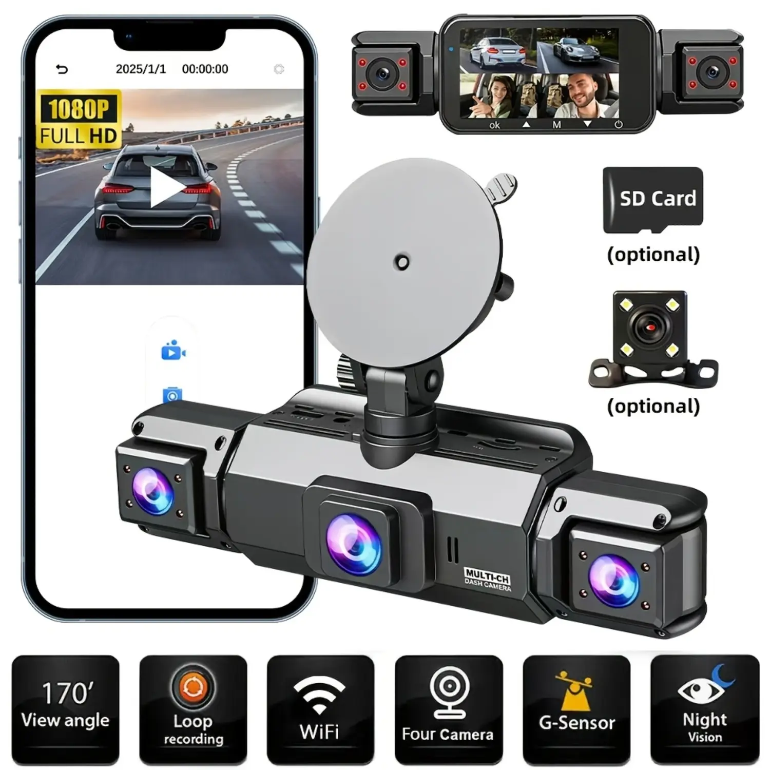 FHD 1080P 3/4-Channel360° Car Dashcam, WIFI, IR Night Vision, Loop Recording, Car DVR Recorder, 3.0" IPS Screen, Rechargeable Battery 180mAh, 12-24V Car Plug, Optional(NoSD 32GB 64GB) Memory Card, Car Parts