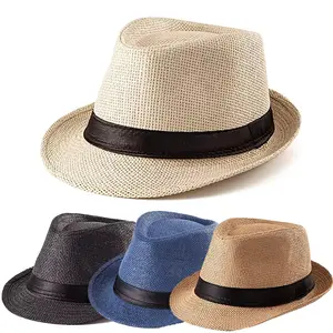 Unisex Straw Panama Hat Summer Beach Sun Short Brim Fedora Trilby Cuban Cap 100% Paper Straw Classic Black Band Lightweight Breathable