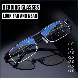 2-in-1 progressive multi‑focus metal semi‑rim reading glasses—classic and stylish; dual function; available in three colors; includes glasses case
