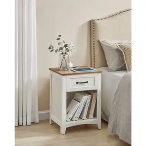 Collection - Farmhouse Nightstand With Charging Station, Bedside Table, Side Table With Drawer, Open Compartment, For Bedroom