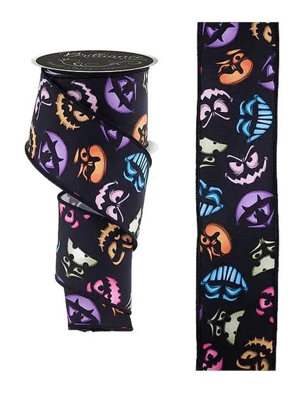 2.5" x 10yd Pumpkin Scary Faces Ribbon in Black & Multi