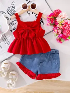 Baby Girl 2-Piece Set, Newborn Outfits Set, Large Bow Tie Waist Back Button Front Princess Tank Top, Sleeveless Shirt and Patchwork Colorblock Jeans Shorts, Summer Gift Set