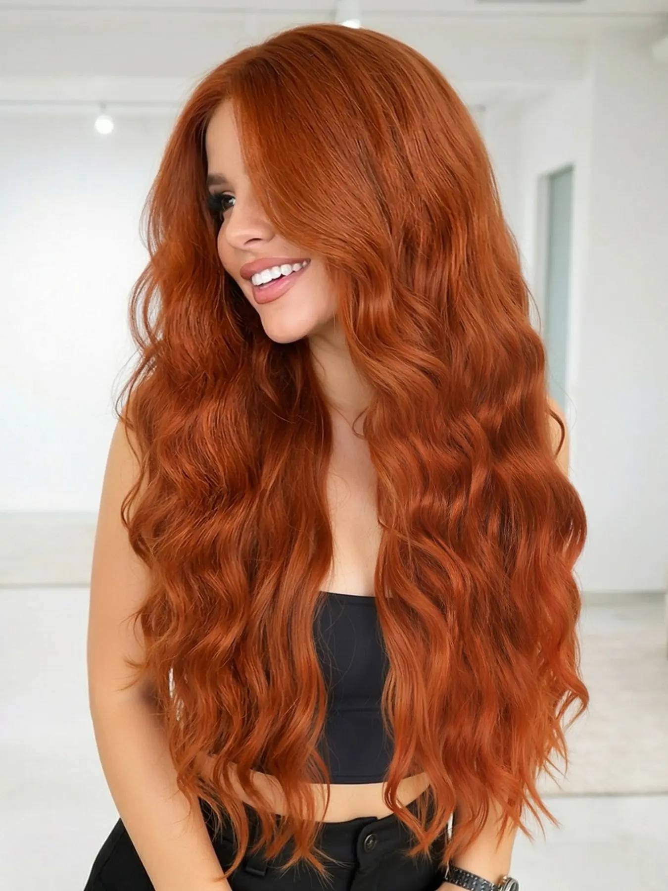 28 Inch Long Ginger Wig, Synthetic Fiber Auburn Color, Synthetic Hair, Long Wavy Wig, Body Wave Wigs for Women, Natural Middle Part, Daily and Party Use, Synthetic Bodywave Wig, Fashion Wig