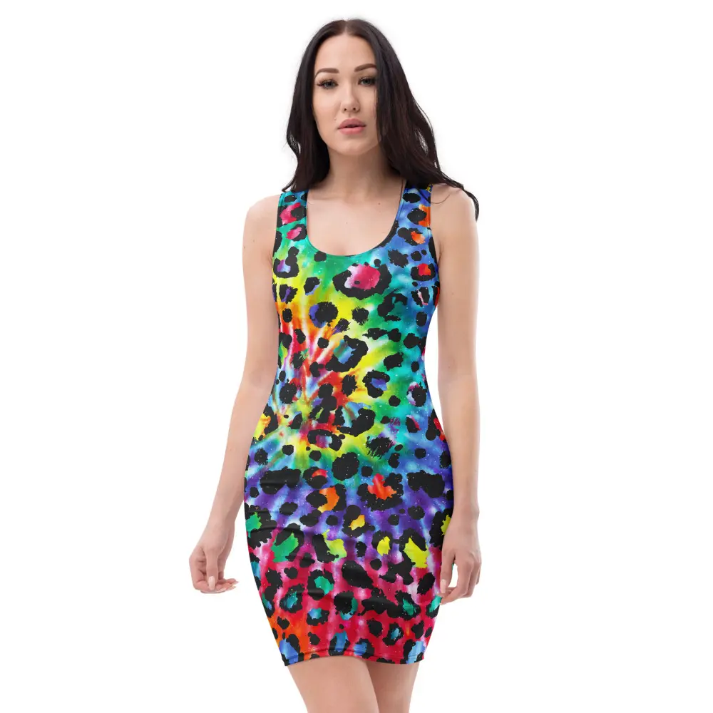 Rainbow Tie Dye Leopard Bodycon Dress, Colorful Cheetah Print Fitted Sleeveless Dress, Vibrant Animal Print Racerback Dress, Trendy Party Dress, Bold Statement Dress, Night Out Outfit, Gift for Her