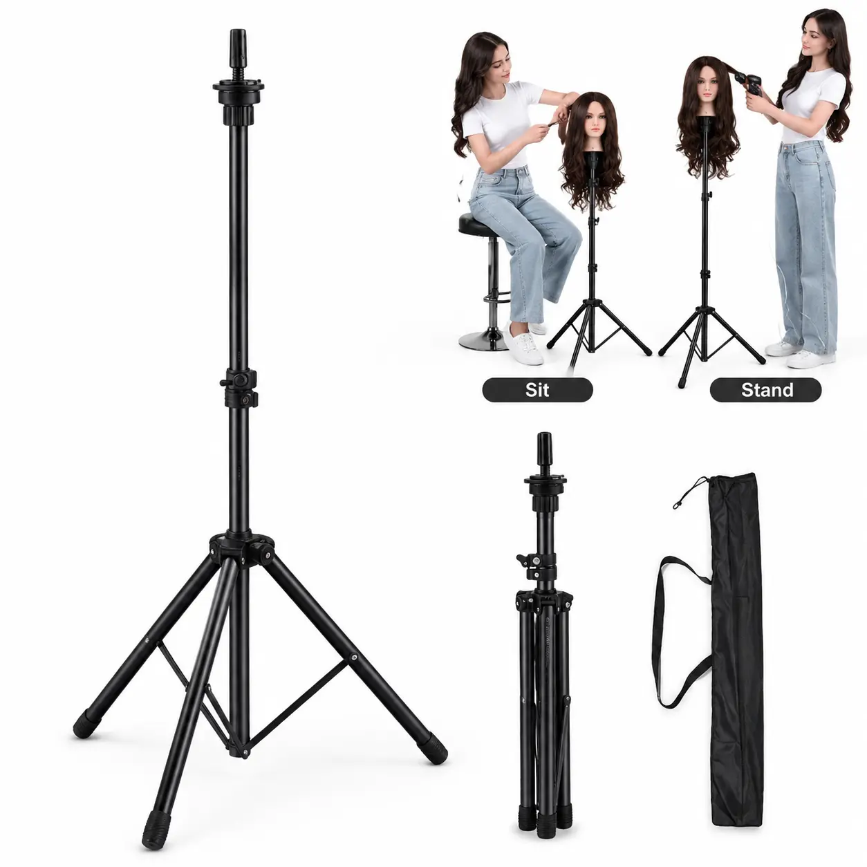 50-in Salon-Grade Wig Head Tripod - Angle Adjustable, Adjustable Height Wig Accessory for Salon Styling, Rotating Head, Foldable Portable, Easy to Install for Storage