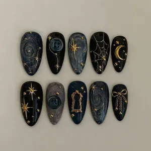 Moonlit Button Dreams Press On Nail, Spooky Halloween Cartoon Nails, Spooky 3D Nails Art, Gothic Nails