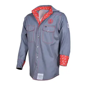 Tara Gray Paisley FR Shirt - Flame Resistant Professional Workwear with Red Paisley Trim & Safety Pockets
