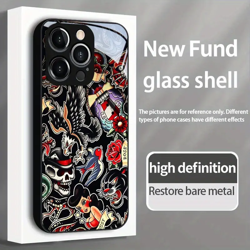 Tempered Glass Protective Smartphone Case - High-End Fashion Tattoo Pattern, Anti-Fouling, Simple Design, Accessories for iPhone 11,12,13,14,15,16,17 Pro Max, Protector Fits iPhone 11+