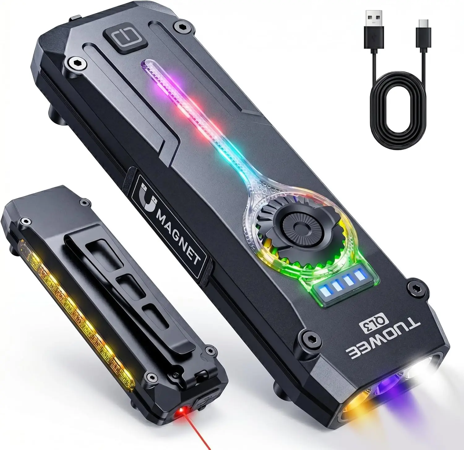 TUOWEE QL3 UV Flat Multifunctional High Lumens EDC Flashlight - Rechargeable 1800 Lumens Pocket Light, RGB, Magnetic Base, Dual Switch, Stepless Dimming, USB-C Waterproof Work Torch (Work Accessories, EDC Items, Emergency Backup Standard Torches), Flash L