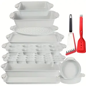 12-Piece Baking Pan Set w/White Silicone Handles | Non-Stick Carbon Steel | Tongs & Spatula Included | Dessert Baking Essential