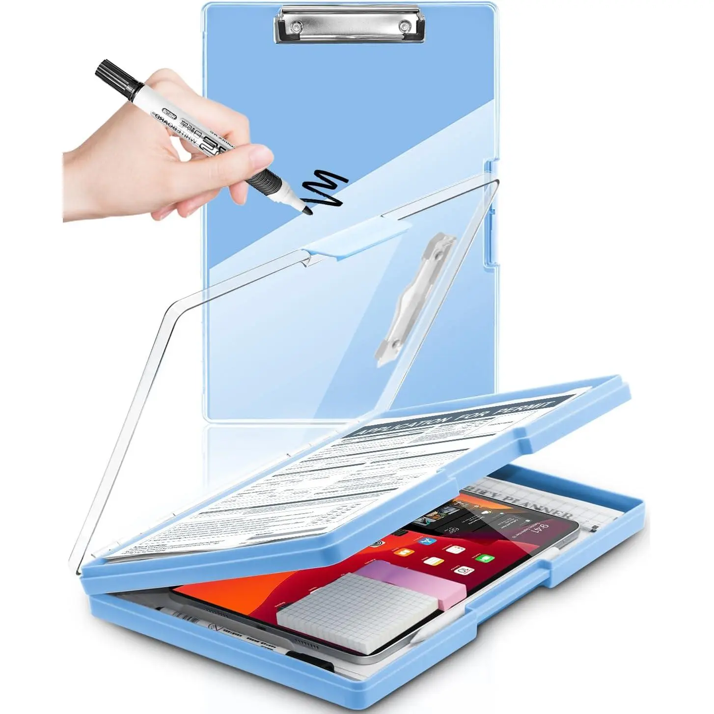 Clearview Heavy Duty Clipboard for Drivers, Contractors, Coaches - 8.5x11 Dry Erase Plastic Clip Case with 2 Storage Compartments, Closed Latches, Pen Holder, Side Opening, 9.44"w x1.45"d x13.38"h, Blue Clearview Surface (Ideal for Football Coaching), Amp