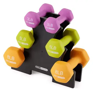 HolaHatha 3, 5 and 8 Pound Neoprene Dumbbell Set with Rack for Strength Training