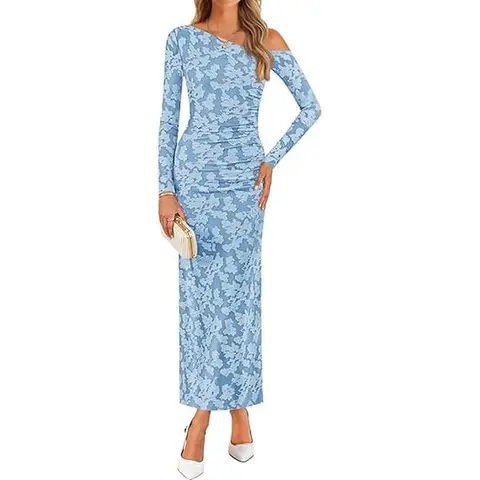 ZESICA Women's 2026 Fall Floral Off-Shoulder Long-Sleeve Bodycon Floor-Length Maxi Dress - Ruched Waist, Classy Wedding Guest Dress, Suitable for Cocktail Party, Brown & Pink Options, Wedding Guest Dresses, Brown Dresses For Women