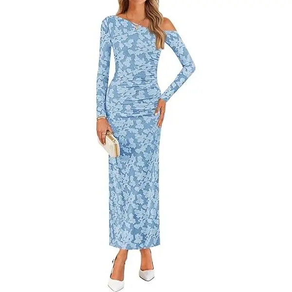ZESICA Women's 2026 Fall Floral Off-Shoulder Long-Sleeve Bodycon Floor-Length Maxi Dress - Ruched Waist, Classy Wedding Guest Dress, Suitable for Cocktail Party, Brown & Pink Options, Wedding Guest Dresses, Brown Dresses For Women