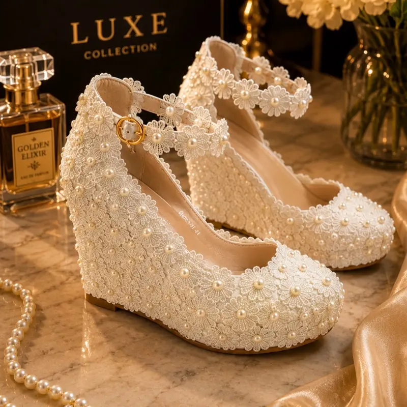 Elegant Pearl Lace Bridal Wedge Heels for Women – Luxury Wedding Platform Shoes