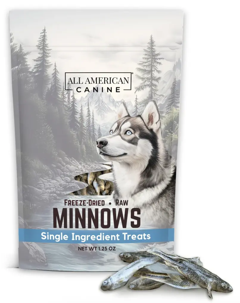 Freeze Dried Minnows Single ingredient treat snack 1.25 Oz. USA Farmed Raised Protein dog treats (Not Salmon)