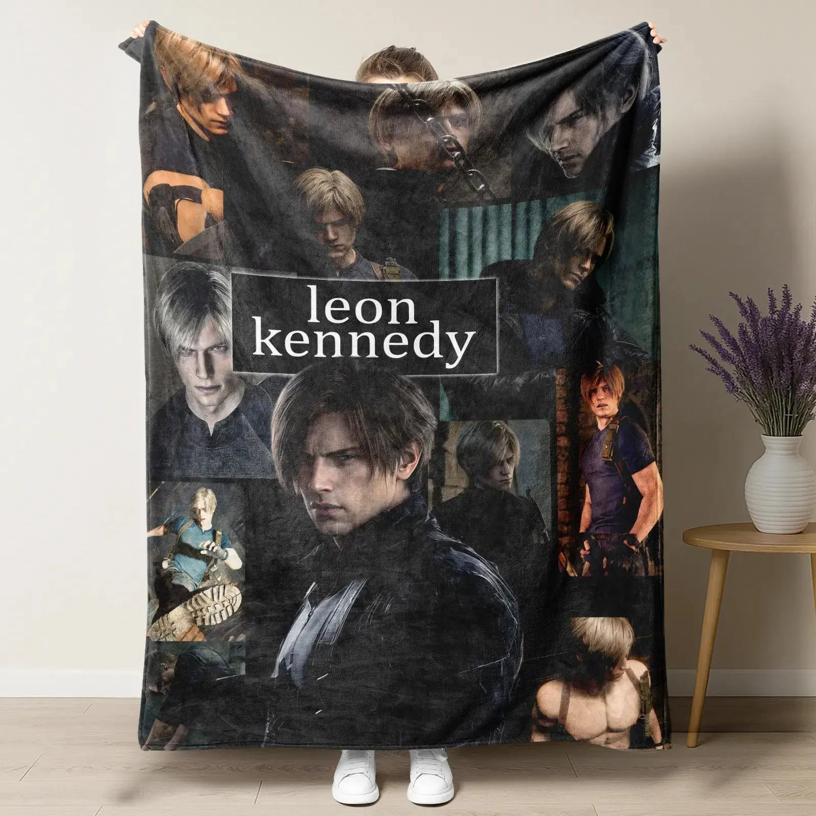 Leon S. Kennedy Blanket, Resident Evil 4 Remake Themed Soft Flannel Throw Blanket, Printed Leon Kennedy Rose Collage Design Warm Cozy Blanket for Bed Couch Sofa, Perfect Gift for RE Fans