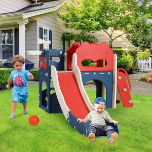 8-in-1 Kids Slide Playset, Toddler Slide with Climber, Indoor/Outdoor Baby Playground with Basketball Hoop, Tunnel, Telescope and Ball，Indoor Outdoor Slide for Age 3+