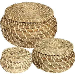 Set of 3 Small Wicker Basket with Lid, Round Woven Seagrass Baskets, Little Handmade Rattan Storage Basket Box for Shelf, Home, Bathroom Decor