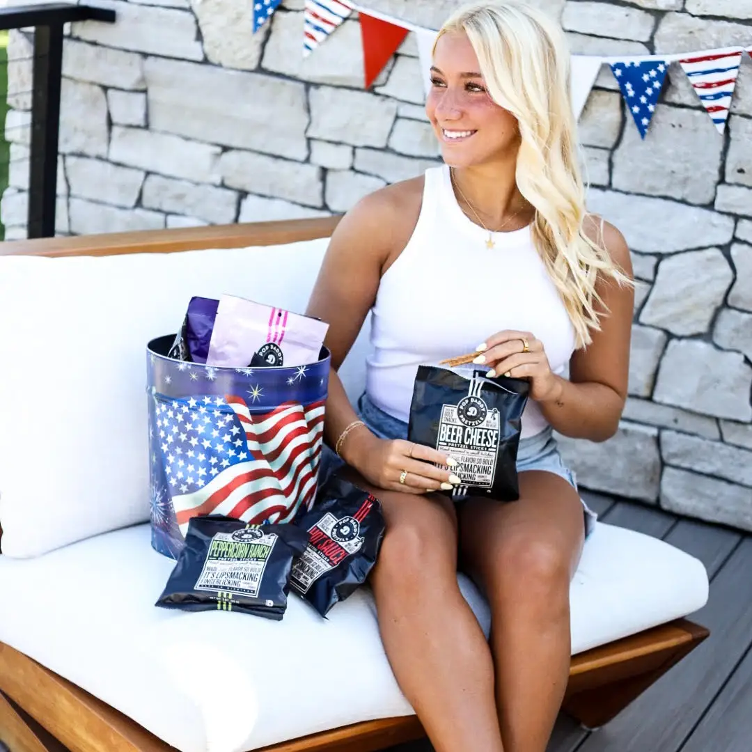 Fourth of July Tin - Pretzel Sampler Pack - 9 bags + BIRTHDAY CAKE PRETZELS + BUTTERY CARAMEL CORN